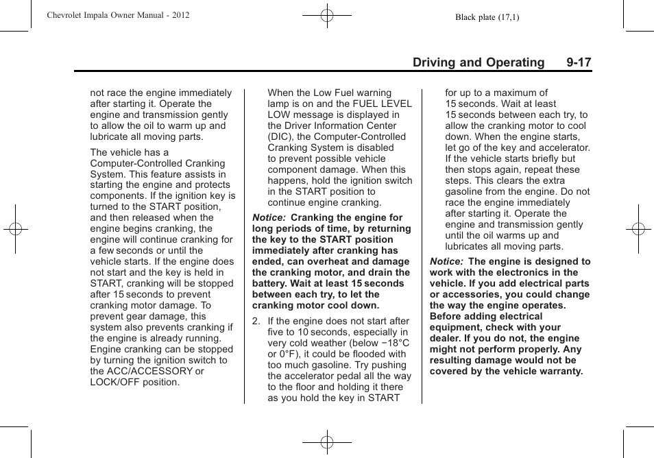Driving and operating 9-17 | CHEVROLET 2012 Impala User Manual | Page 201 / 360
