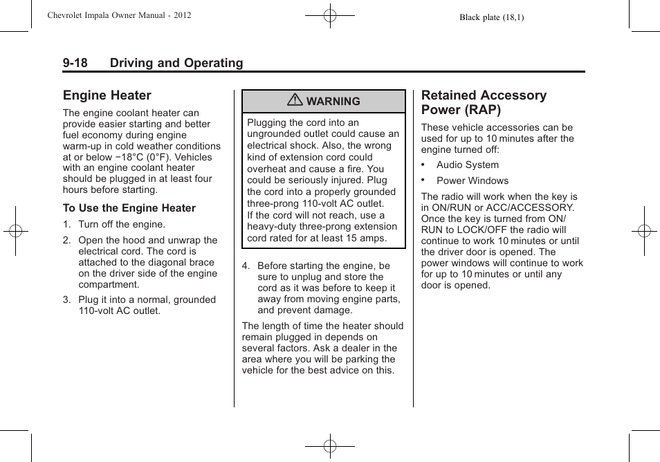 Engine heater, Retained accessory power (rap), Engine heater -18 retained accessory | Power (rap) -18 | CHEVROLET 2012 Impala User Manual | Page 202 / 360