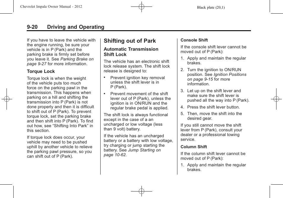 Shifting out of park, Shifting out of park -20, 20 driving and operating | CHEVROLET 2012 Impala User Manual | Page 204 / 360