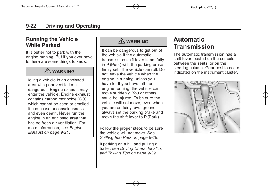 Running the vehicle while parked, Automatic transmission, Running the vehicle while | Parked -22, Automatic transmission -22 | CHEVROLET 2012 Impala User Manual | Page 206 / 360