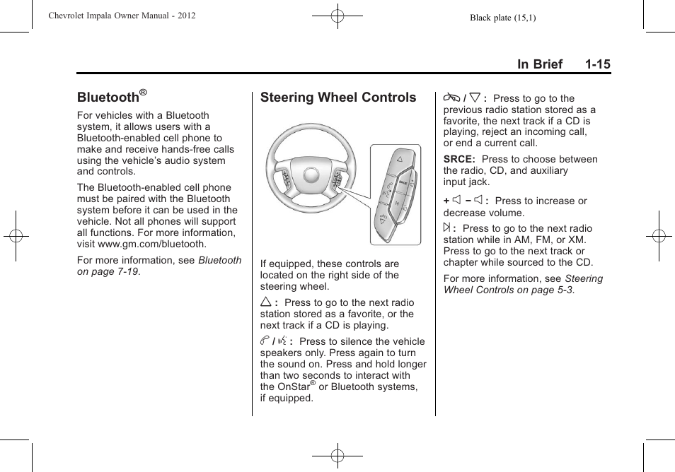 Bluetooth, Steering wheel controls, Steering wheel controls -15 | CHEVROLET 2012 Impala User Manual | Page 21 / 360