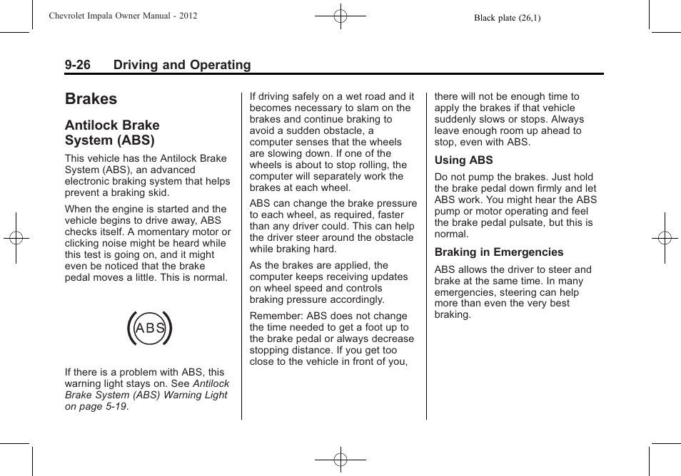 Brakes, Antilock brake system (abs), Brake | System (abs) -26, General | CHEVROLET 2012 Impala User Manual | Page 210 / 360