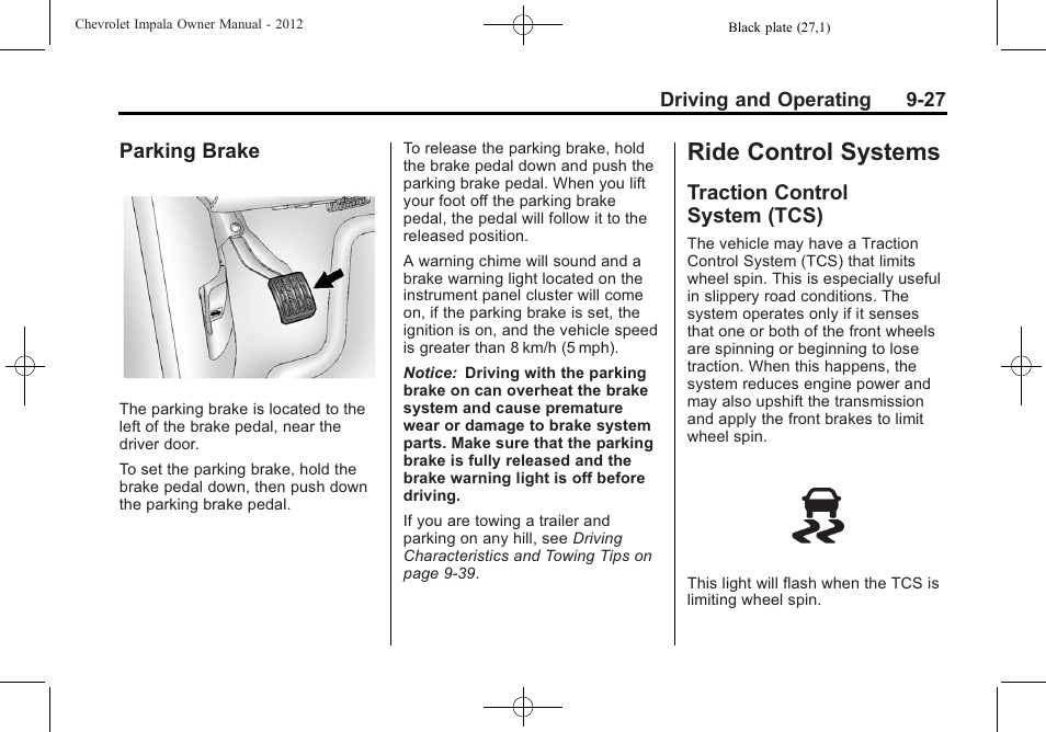 Parking brake, Ride control systems, Traction control system (tcs) | Systems -27, Parking brake -27, Traction control, System (tcs) -27 | CHEVROLET 2012 Impala User Manual | Page 211 / 360