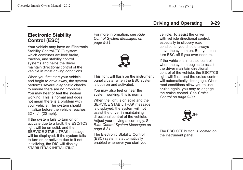 Electronic stability control (esc), Electronic stability, Control (esc) -29 | CHEVROLET 2012 Impala User Manual | Page 213 / 360