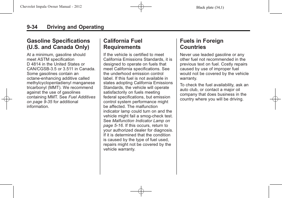 Gasoline specifications (u.s. and canada only), California fuel requirements, Fuels in foreign countries | Gasoline specifications (u.s, And canada only) -34, California fuel, Requirements -34, Fuels in foreign countries -34 | CHEVROLET 2012 Impala User Manual | Page 218 / 360