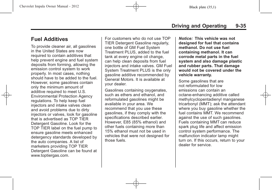 Fuel additives, Fuel additives -35 | CHEVROLET 2012 Impala User Manual | Page 219 / 360