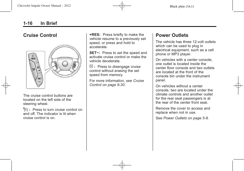 Cruise control, Power outlets, Cruise control -16 power outlets -16 | CHEVROLET 2012 Impala User Manual | Page 22 / 360