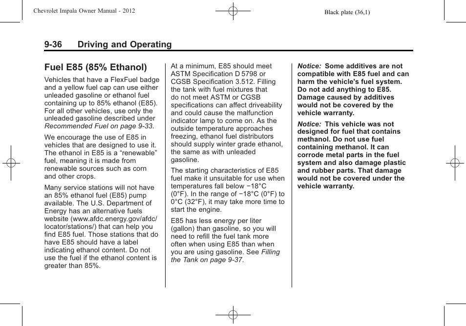 Fuel e85 (85% ethanol), Fuel e85 (85% ethanol) -36 | CHEVROLET 2012 Impala User Manual | Page 220 / 360
