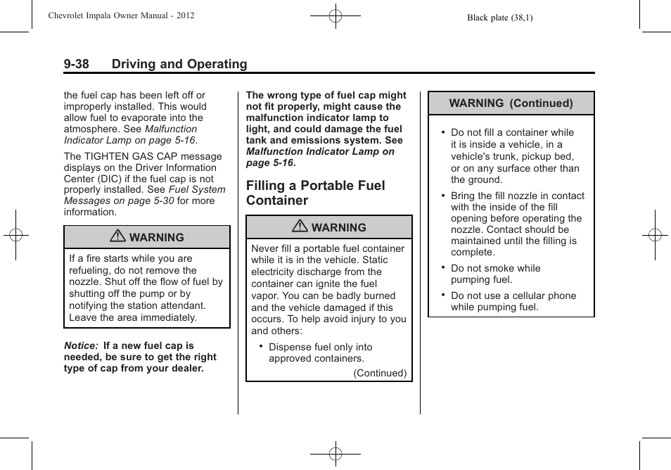 Filling a portable fuel container, Filling a portable fuel, Container -38 | 38 driving and operating | CHEVROLET 2012 Impala User Manual | Page 222 / 360