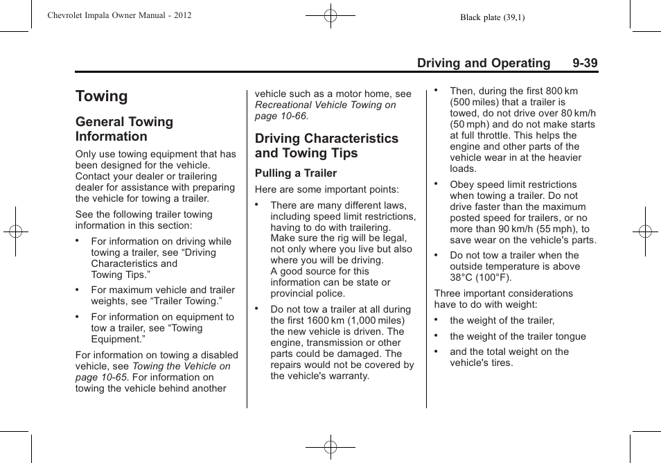 Towing, General towing information, Driving characteristics and towing tips | Information -39, Driving characteristics and, Towing tips -39, Driving and operating 9-39 | CHEVROLET 2012 Impala User Manual | Page 223 / 360