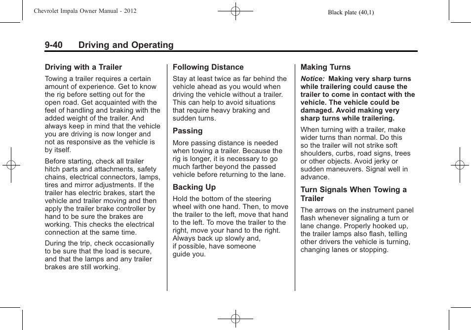 40 driving and operating | CHEVROLET 2012 Impala User Manual | Page 224 / 360