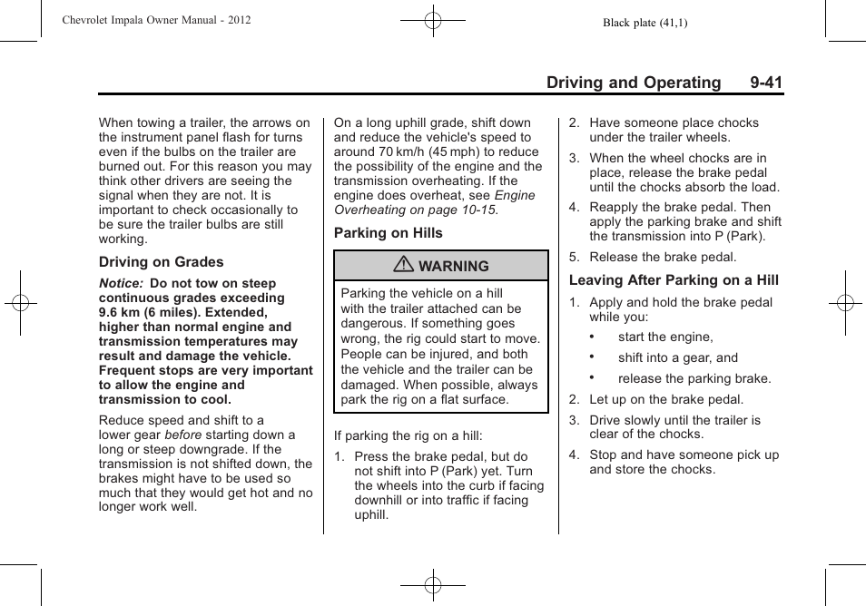 Driving and operating 9-41 | CHEVROLET 2012 Impala User Manual | Page 225 / 360