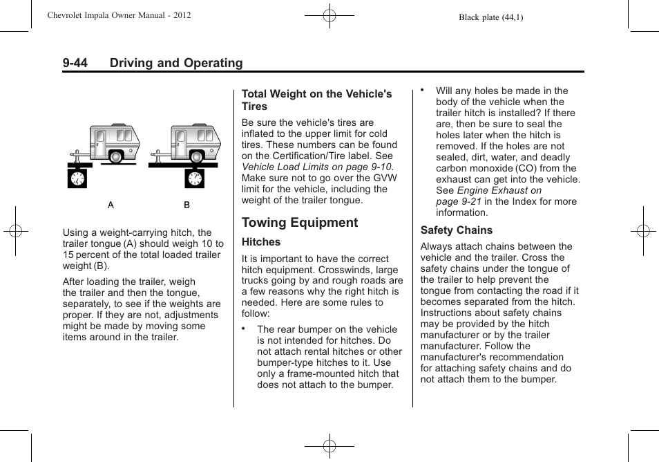 Towing equipment, Towing equipment -44, 44 driving and operating | CHEVROLET 2012 Impala User Manual | Page 228 / 360