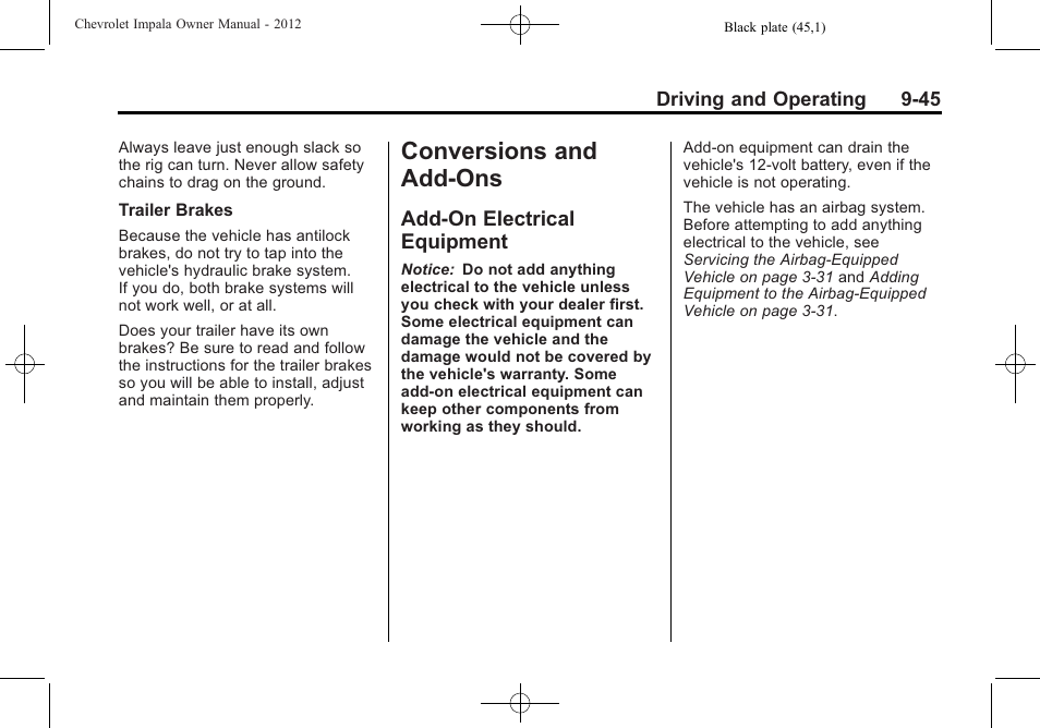 Conversions and add-ons, Add-on electrical equipment, And add-ons -45 | Add-on electrical, Equipment -45 | CHEVROLET 2012 Impala User Manual | Page 229 / 360