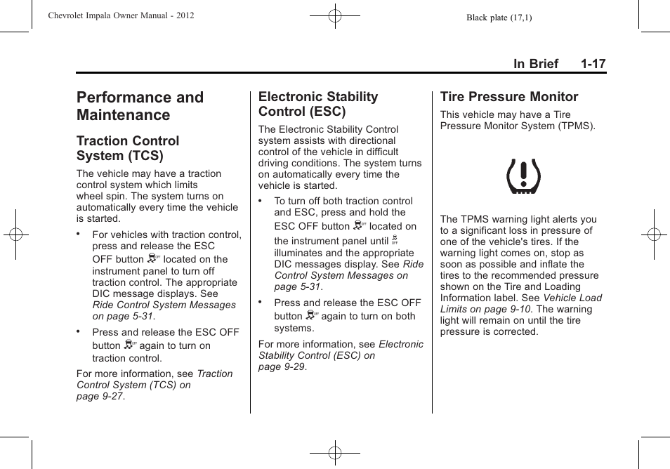Performance and maintenance, Traction control system (tcs), Electronic stability control (esc) | Tire pressure monitor, Performance and, Maintenance -17, Controls, Raction control, System (tcs) -17, Electronic stability | CHEVROLET 2012 Impala User Manual | Page 23 / 360
