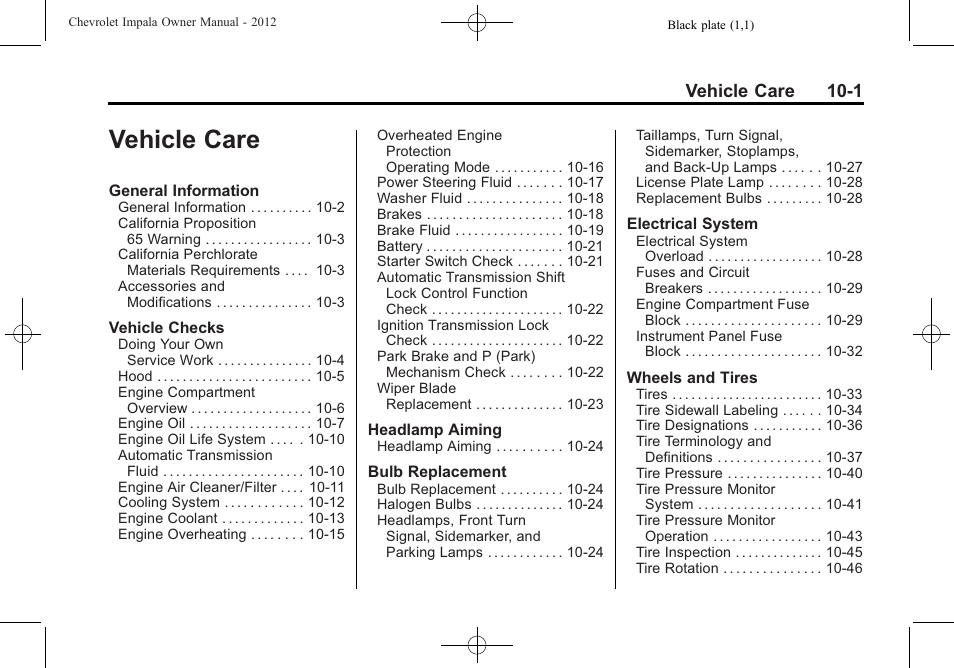 Vehicle care, Vehicle care -1, Vehicle care 10-1 | CHEVROLET 2012 Impala User Manual | Page 231 / 360