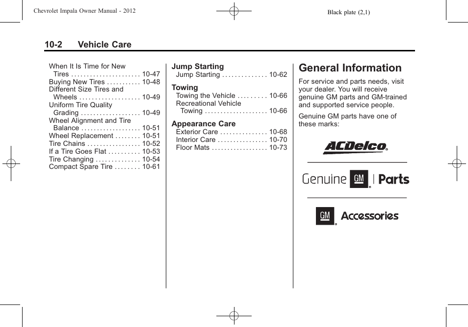 General information, General information -2, General | CHEVROLET 2012 Impala User Manual | Page 232 / 360