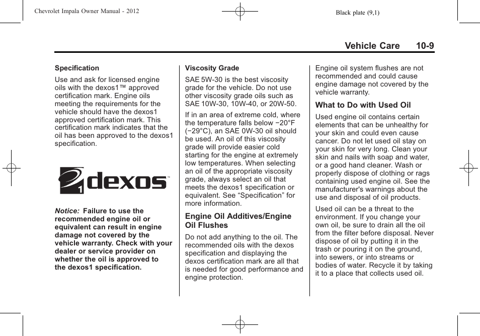 Vehicle care 10-9 | CHEVROLET 2012 Impala User Manual | Page 239 / 360