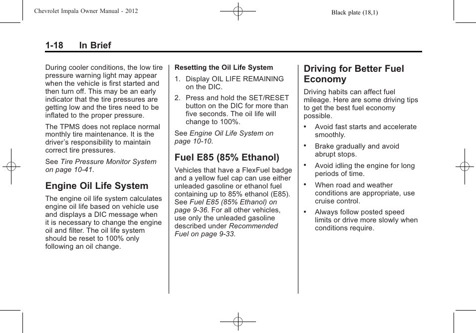 Engine oil life system, Fuel e85 (85% ethanol), Driving for better fuel economy | Economy -18, 18 in brief | CHEVROLET 2012 Impala User Manual | Page 24 / 360