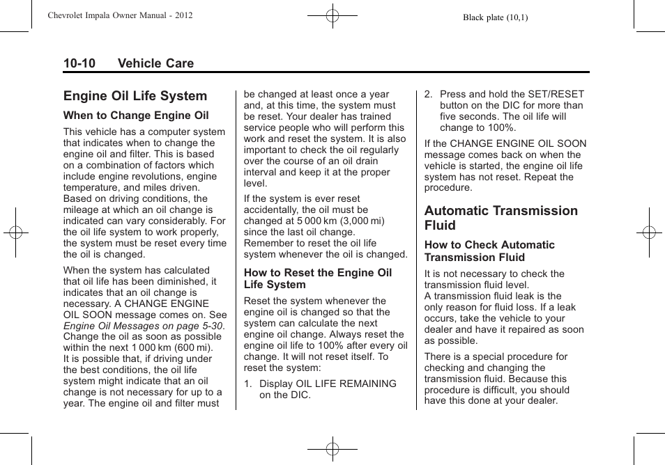 Engine oil life system, Automatic transmission fluid, Engine oil life system -10 automatic transmission | Fluid -10, Bulb | CHEVROLET 2012 Impala User Manual | Page 240 / 360