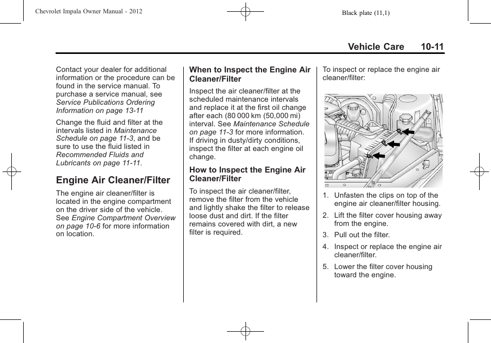 Engine air cleaner/filter, Engine air cleaner/filter -11, Bulb | Vehicle care 10-11 | CHEVROLET 2012 Impala User Manual | Page 241 / 360
