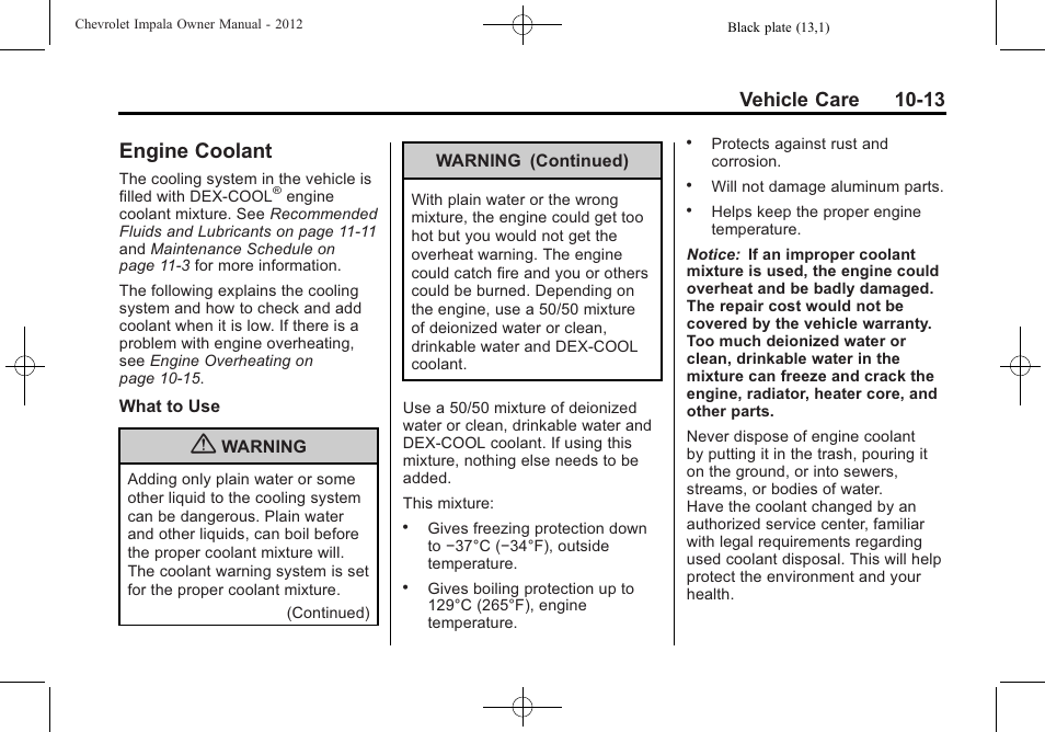 Engine coolant, Engine coolant -13, Headlamps | Vehicle care 10-13 | CHEVROLET 2012 Impala User Manual | Page 243 / 360