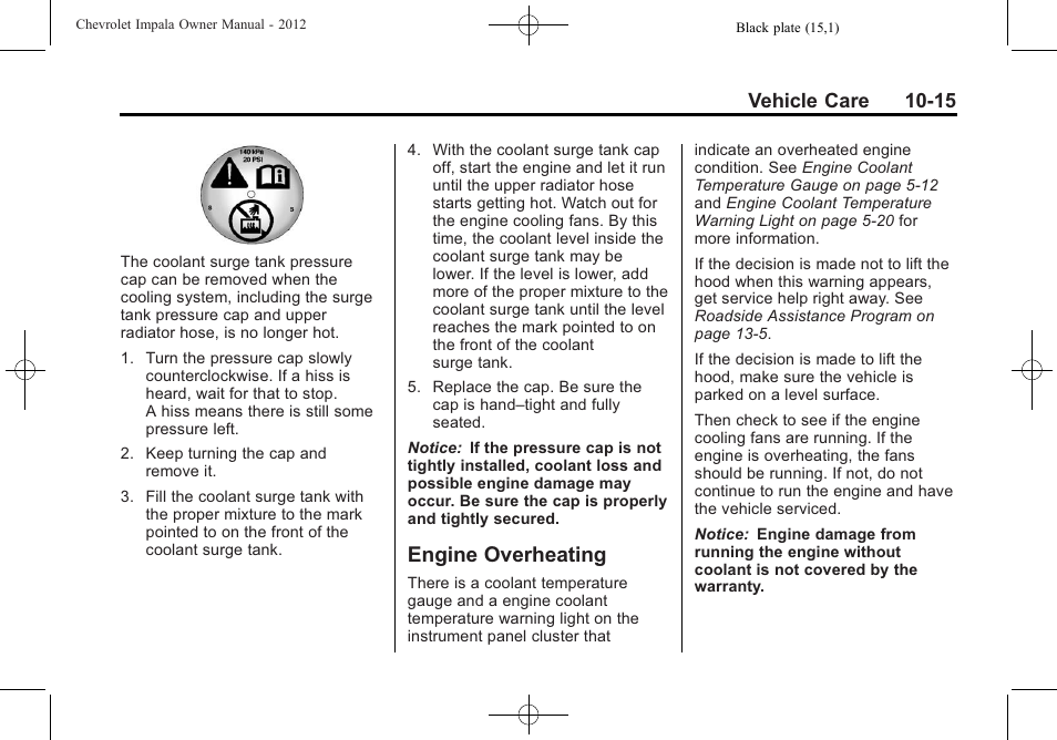 Engine overheating, Engine overheating -15, Vehicle care 10-15 | CHEVROLET 2012 Impala User Manual | Page 245 / 360