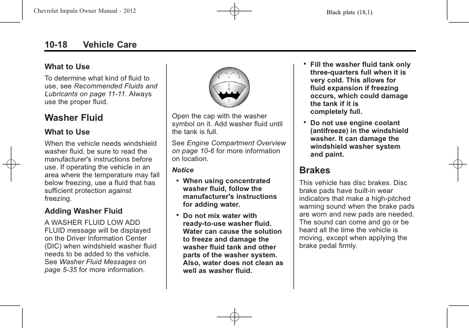 Washer fluid, Brakes, Washer fluid -18 brakes -18 | Replacement, 18 vehicle care | CHEVROLET 2012 Impala User Manual | Page 248 / 360