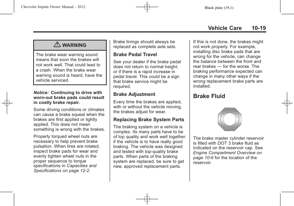 Brake fluid, Brake fluid -19 | CHEVROLET 2012 Impala User Manual | Page 249 / 360