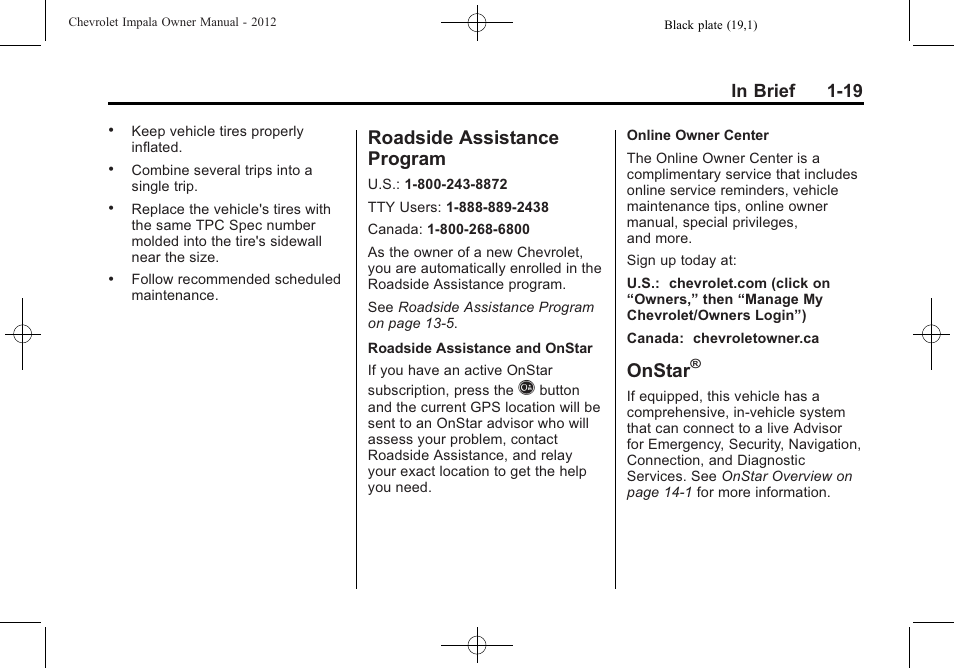 Roadside assistance program, Onstar, Roadside assistance | Program -19 | CHEVROLET 2012 Impala User Manual | Page 25 / 360