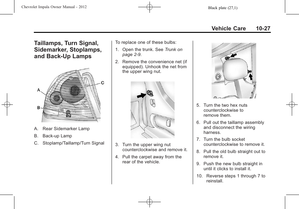 Taillamps, turn signal, Sidemarker, stoplamps, and back-up lamps -27, Vehicle care 10-27 | CHEVROLET 2012 Impala User Manual | Page 257 / 360