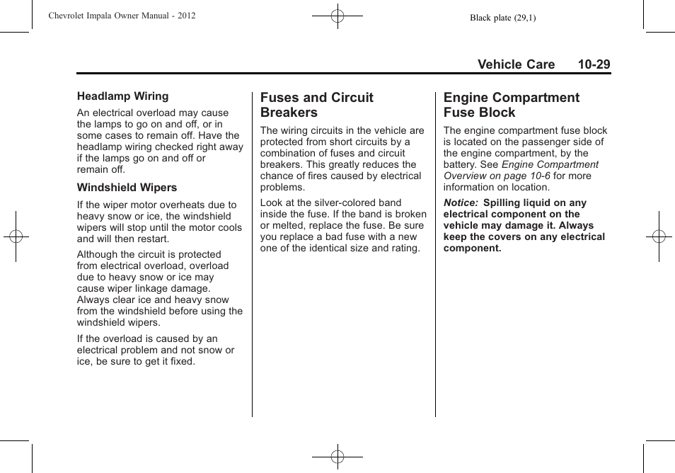 Fuses and circuit breakers, Engine compartment fuse block, Fuses and circuit | Breakers -29, Engine compartment fuse, Block -29 | CHEVROLET 2012 Impala User Manual | Page 259 / 360