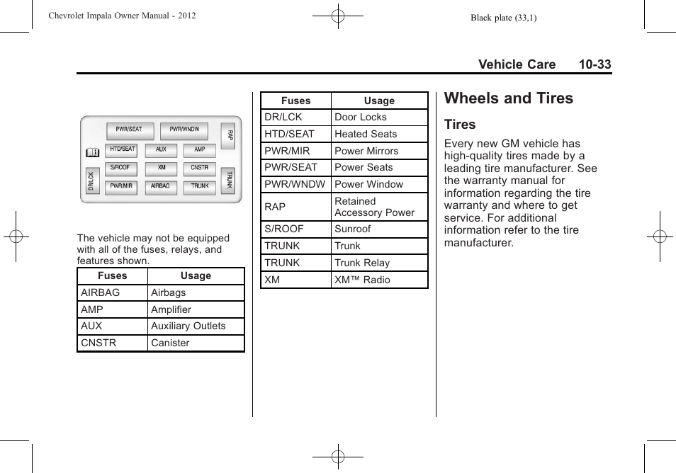 Wheels and tires, Tires, Wheels and tires -33 | And care -8, Onstar, Tires -33, Vehicle care 10-33 | CHEVROLET 2012 Impala User Manual | Page 263 / 360