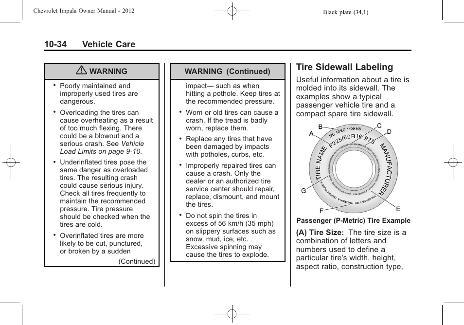 Tire sidewall labeling, Tire sidewall labeling -34, 34 vehicle care | CHEVROLET 2012 Impala User Manual | Page 264 / 360