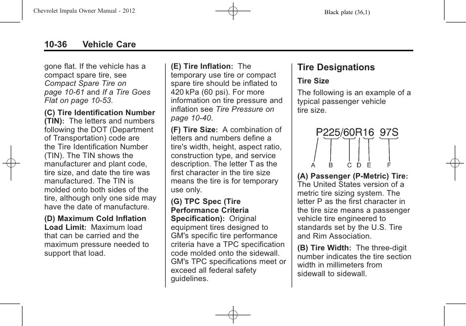 Tire designations, Tire designations -36 | CHEVROLET 2012 Impala User Manual | Page 266 / 360