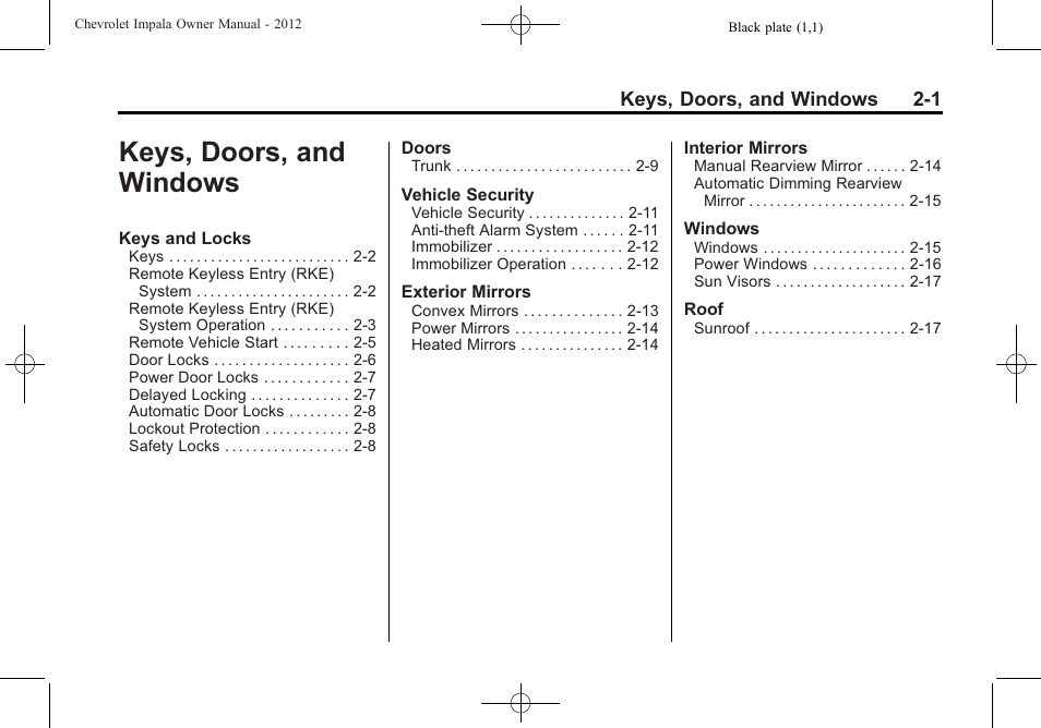 Keys, doors, and windows, Keys, doors, and, Windows -1 | CHEVROLET 2012 Impala User Manual | Page 27 / 360