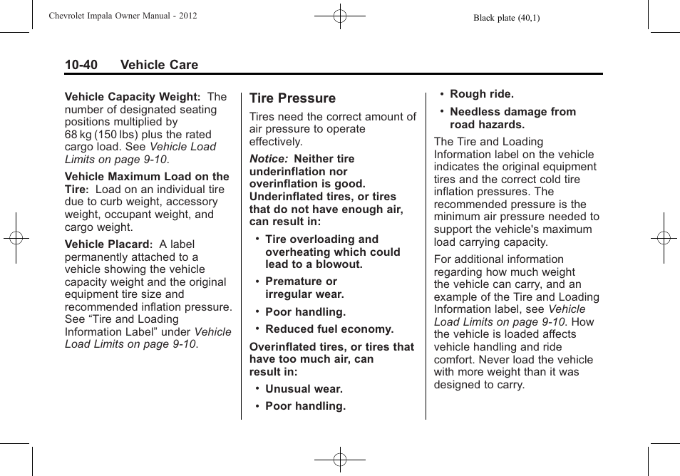 Tire pressure, Tire pressure -40, 40 vehicle care | CHEVROLET 2012 Impala User Manual | Page 270 / 360