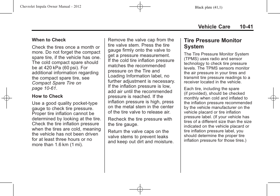 Tire pressure monitor system, Tire pressure monitor, System -41 | CHEVROLET 2012 Impala User Manual | Page 271 / 360