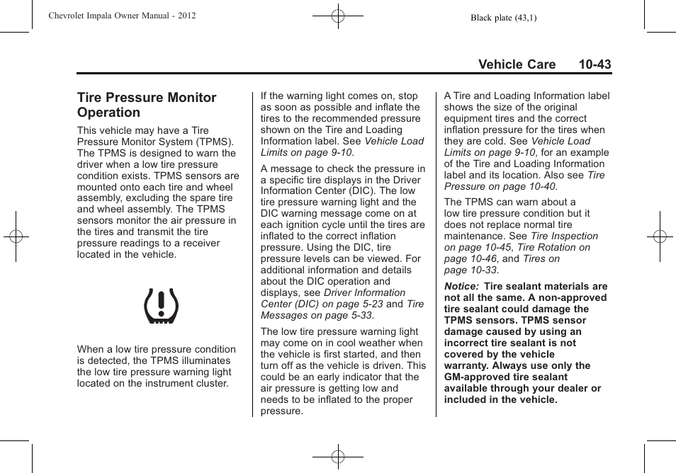 Tire pressure monitor operation, Tire pressure monitor, Operation -43 | CHEVROLET 2012 Impala User Manual | Page 273 / 360
