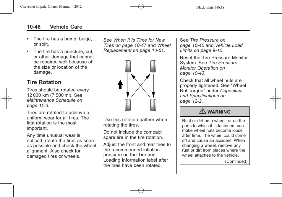 Tire rotation, Tire rotation -46 | CHEVROLET 2012 Impala User Manual | Page 276 / 360