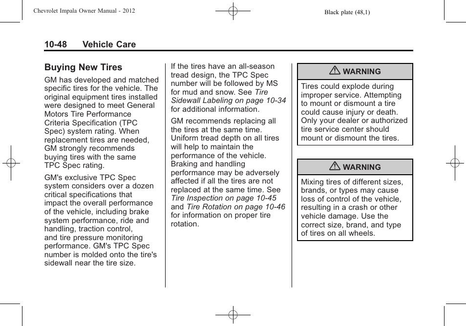 Buying new tires, Buying new tires -48 | CHEVROLET 2012 Impala User Manual | Page 278 / 360