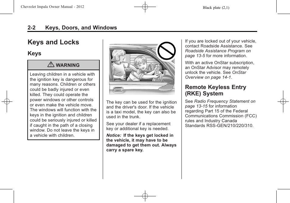 Keys and locks, Keys, Remote keyless entry (rke) system | Keys and locks -2, Vehicle messages, Keys -2 remote keyless entry (rke), System -2 | CHEVROLET 2012 Impala User Manual | Page 28 / 360