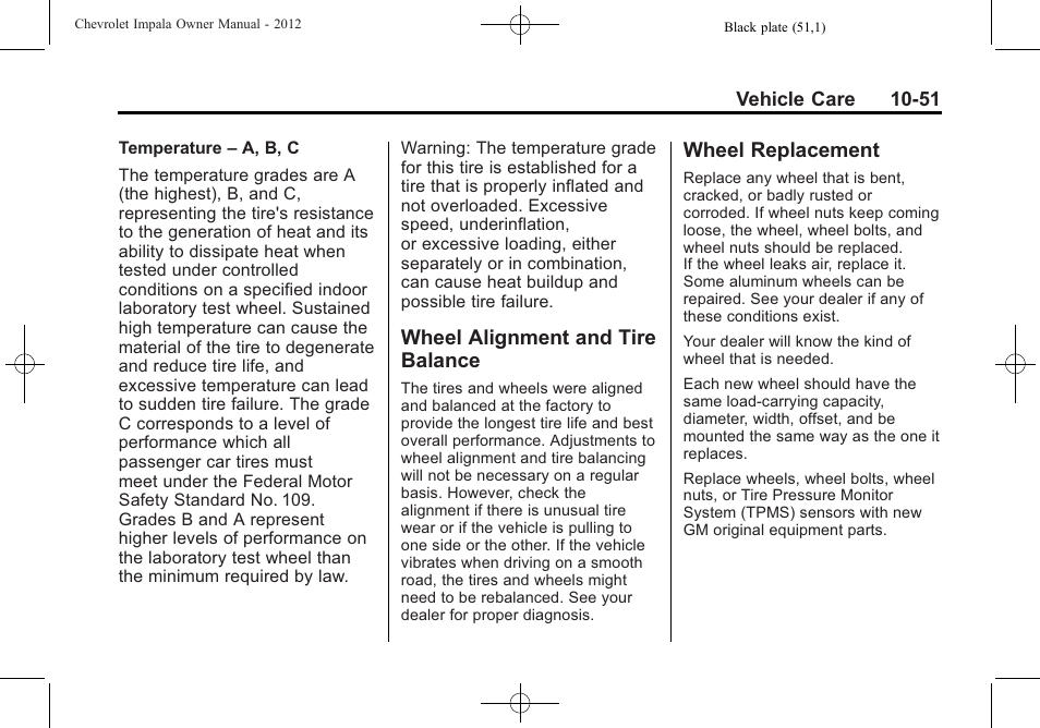 Wheel alignment and tire balance, Wheel replacement, Wheel alignment and tire | Balance -51, Wheel replacement -51 | CHEVROLET 2012 Impala User Manual | Page 281 / 360