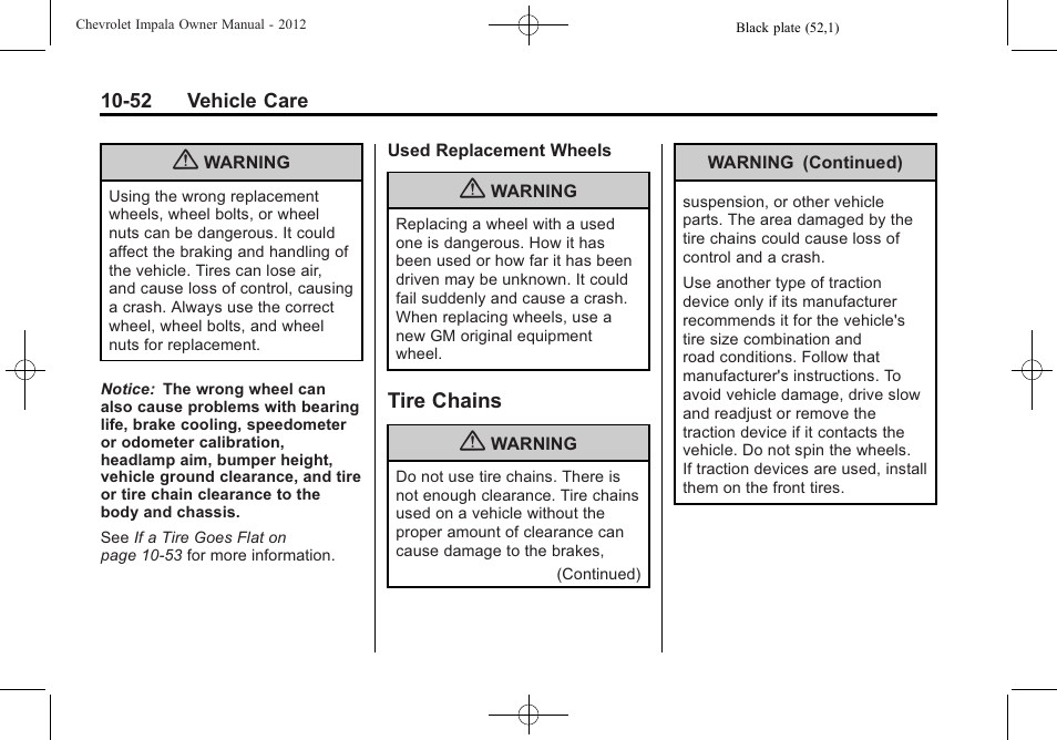 Tire chains, Tire chains -52 | CHEVROLET 2012 Impala User Manual | Page 282 / 360