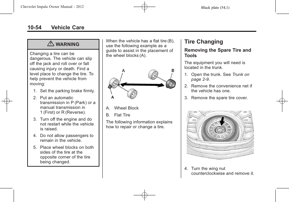 Tire changing, Tire changing -54 | CHEVROLET 2012 Impala User Manual | Page 284 / 360