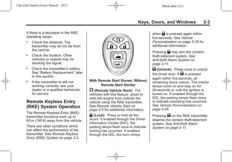 Remote keyless entry (rke) system operation, Remote keyless entry (rke), System operation -3 | Power | CHEVROLET 2012 Impala User Manual | Page 29 / 360