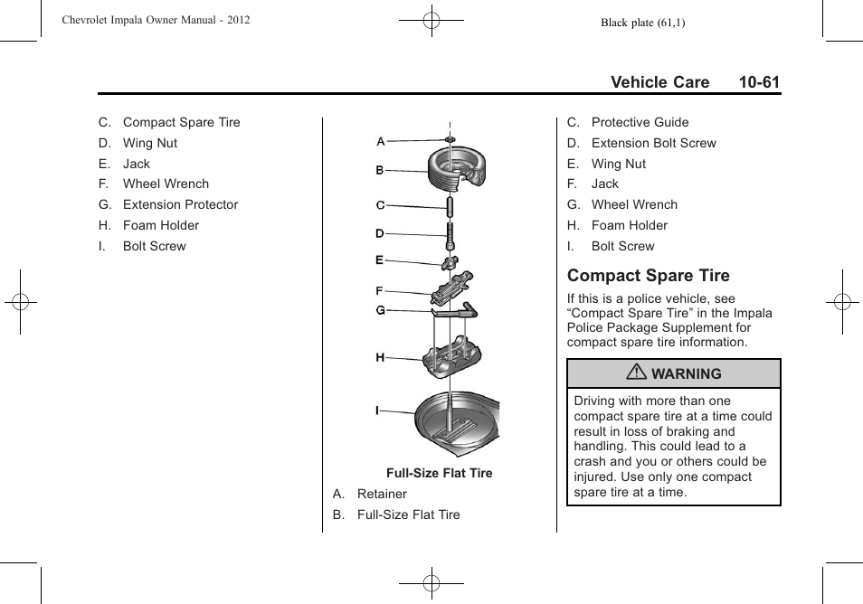 Compact spare tire, Compact spare tire -61 | CHEVROLET 2012 Impala User Manual | Page 291 / 360