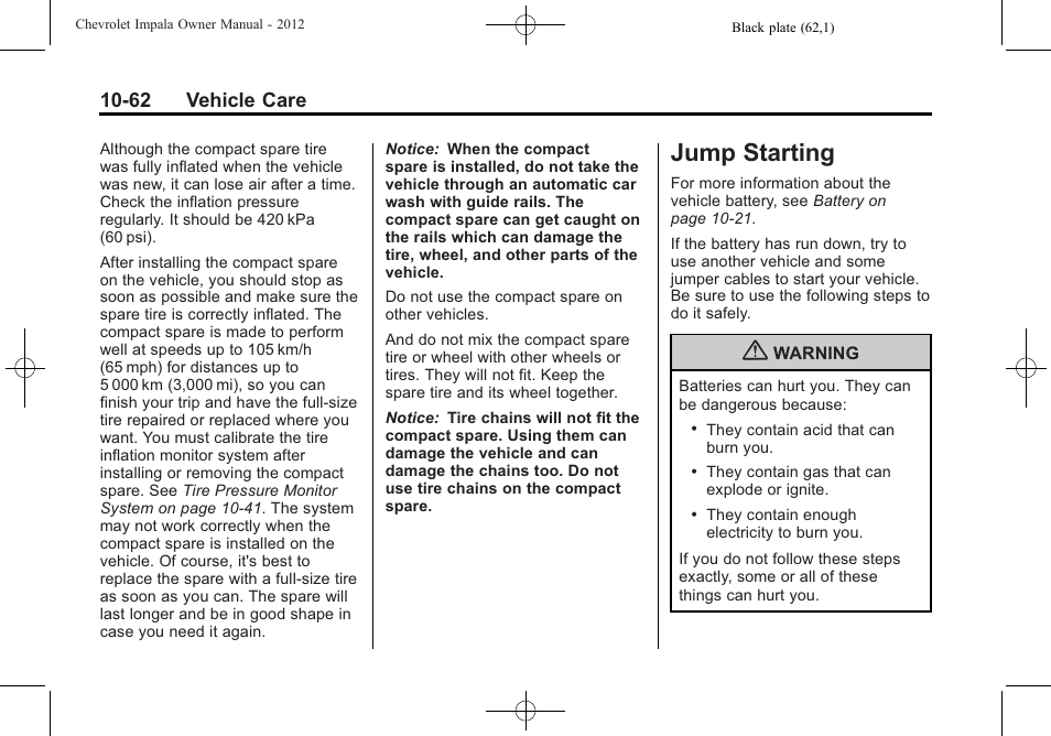 Jump starting, Jump starting -62, 62 vehicle care | CHEVROLET 2012 Impala User Manual | Page 292 / 360