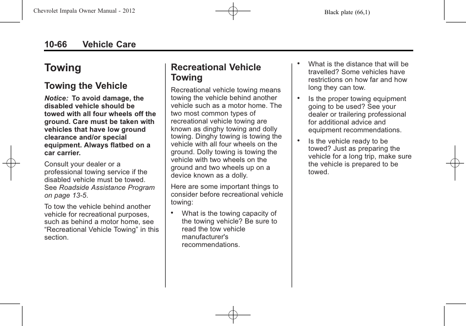 Towing, Towing the vehicle, Recreational vehicle towing | Towing -65, Lubricants, Towing the vehicle -66 recreational vehicle, 66 vehicle care | CHEVROLET 2012 Impala User Manual | Page 296 / 360