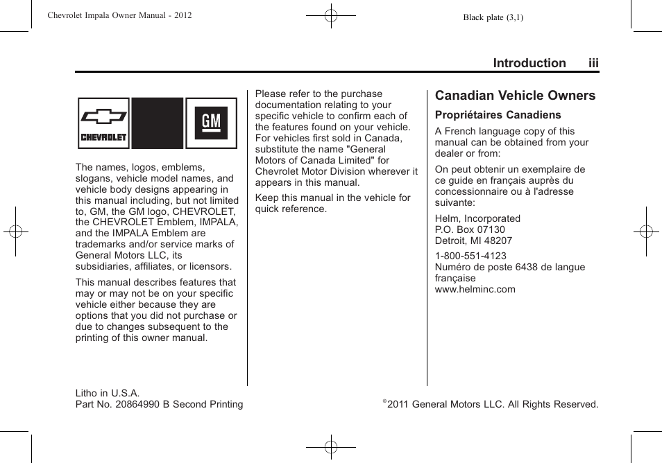 Introduction, Canadian vehicle owners, Introduction iii | CHEVROLET 2012 Impala User Manual | Page 3 / 360